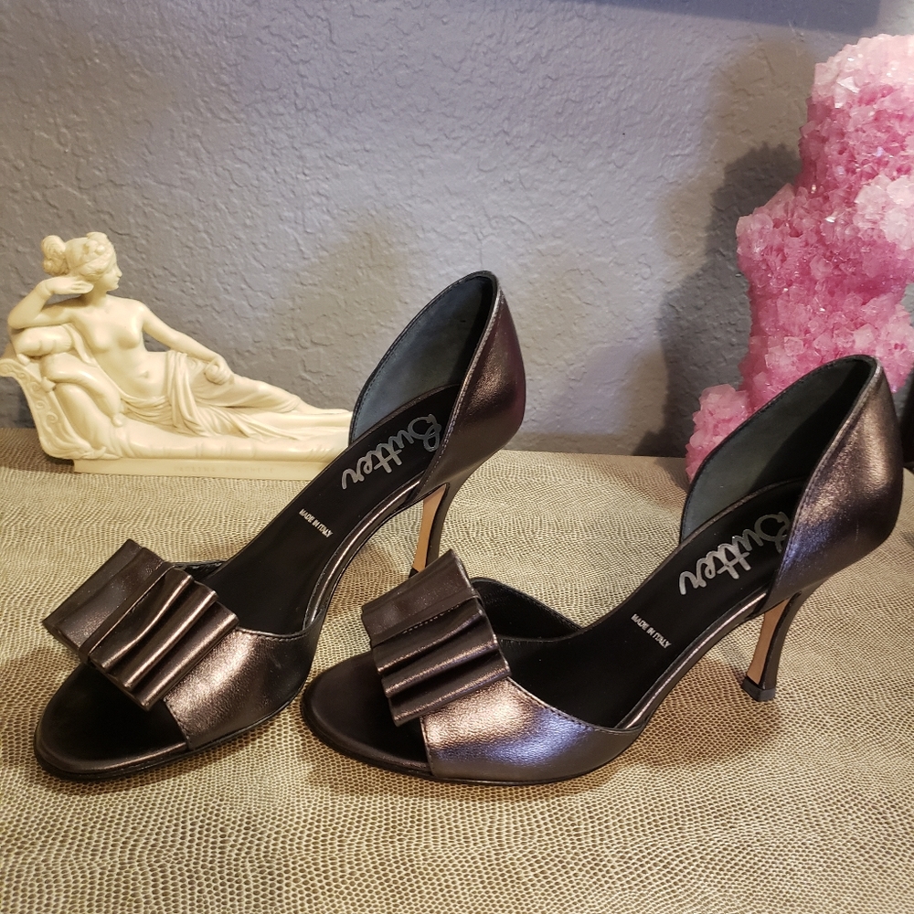 Butter Metallic Pewter Open-Toe Heels with Bow Detail